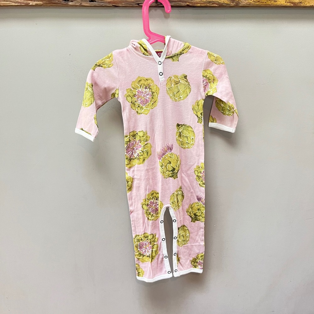 NEW‎ Milkbarn Kids Hooded Romper Organic Cotton Artichoke Print 6-12 Months